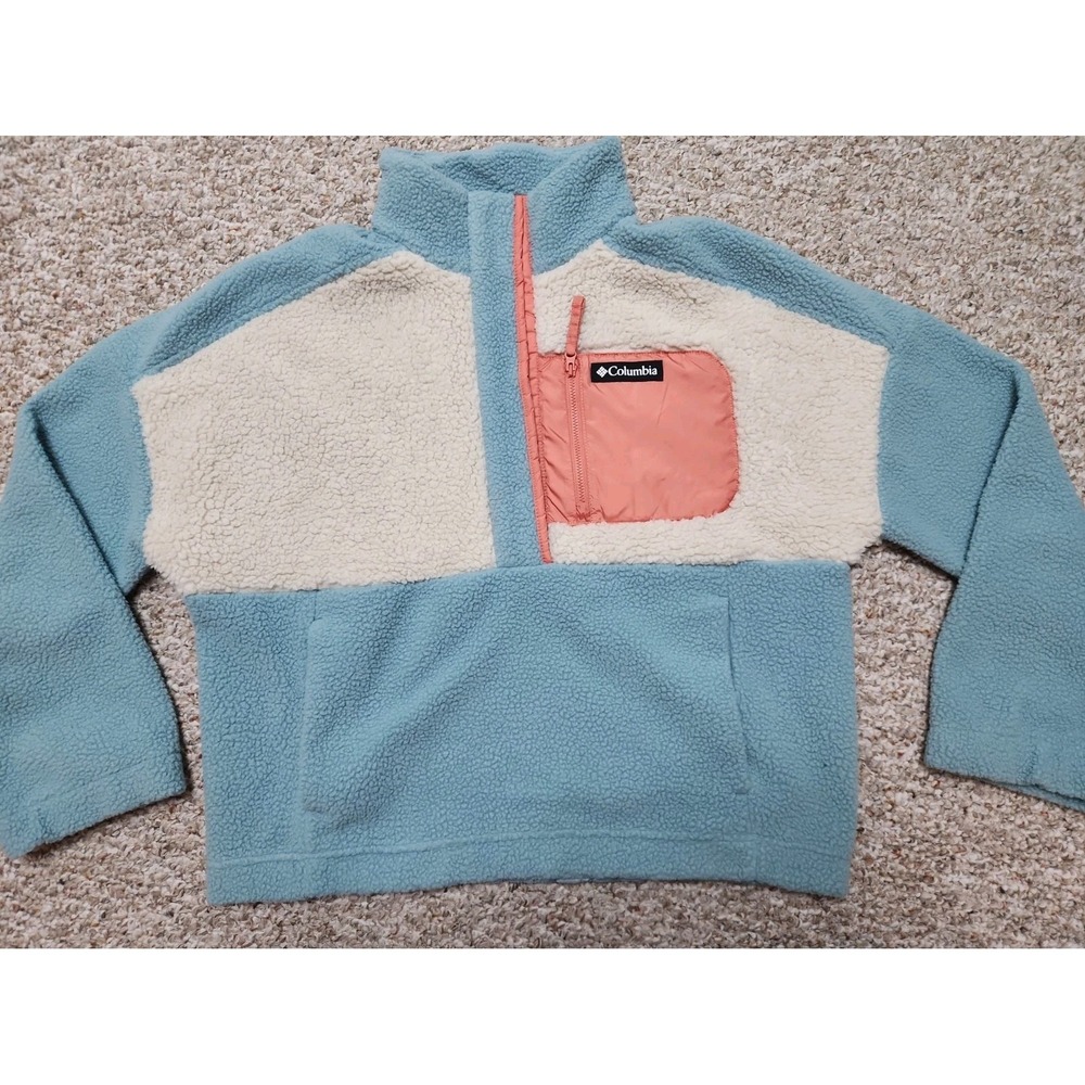 Columbia Lodge Sherpa Pullover Snap Button Stone Blue Colorblock Women Large